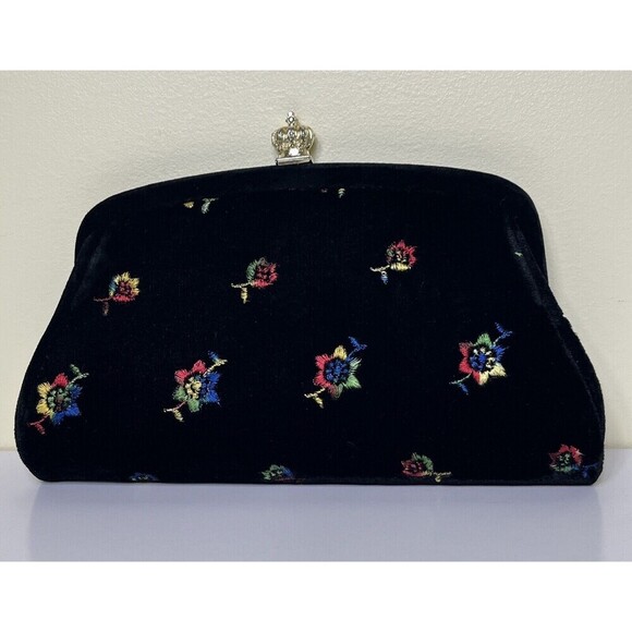 Vintage Black Floral Clutch Handbag Embroidered Flowers - Picture 1 of 7